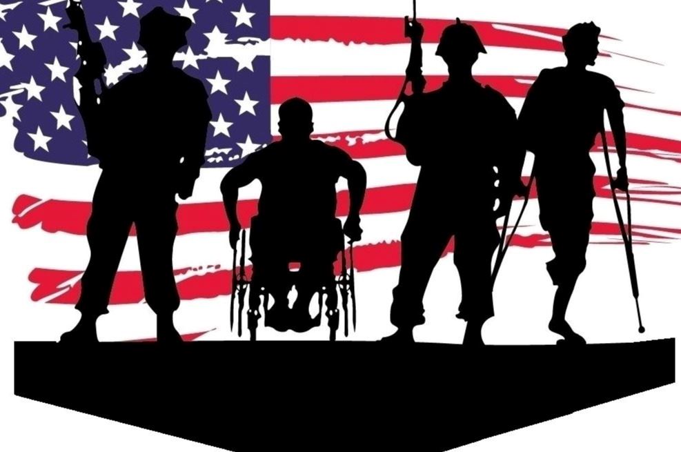 Outlines of four veterans. One is in a wheelchair. Another has crutches