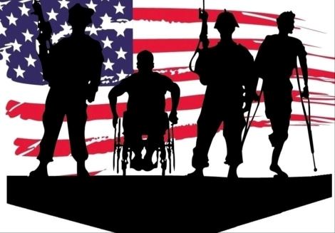 Outlines of four veterans. One is in a wheelchair. Another has crutches