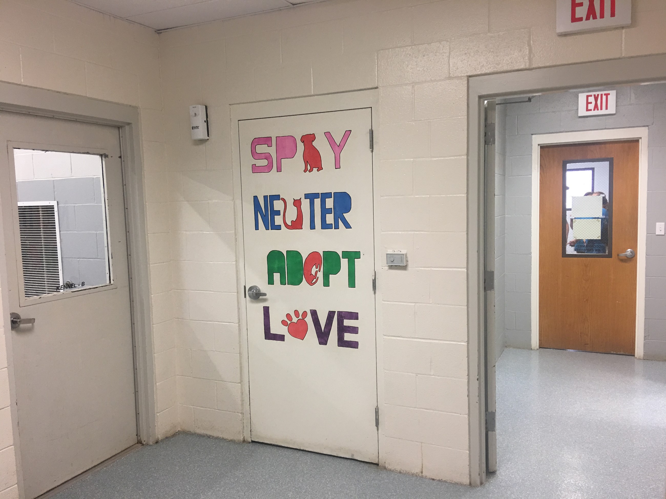 Door at Animal Shelter Displaying Words "Spay, Neuter, Adopt, Love"